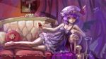  1girl barefoot bat_wings chemise couch cup curtains dated hat highres looking_at_viewer myero painting_(object) purple_hair red_eyes remilia_scarlet revision short_hair signature smile solo touhou vase wine_glass wings 