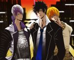  3boys black_hair blonde_hair cigarette crossover formal gilgamesh gun henyo ishida_mitsunari_(sengoku_basara) jewelry multiple_boys necklace necktie psycho-pass red_eyes seiyuu_connection seki_tomokazu sengoku_basara smoking suit weapon 