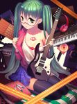  1girl amplifier bespectacled earrings electric_guitar glasses green_eyes green_hair guitar hatsune_miku headphones highres instrument jewelry keyboard_(instrument) long_hair nail_polish saidyiiii seiza sitting skirt solo tattoo twintails very_long_hair vocaloid 