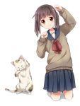  1girl blush brown_eyes brown_hair cat looking_at_viewer maruki_(punchiki) original school_uniform smile solo white_background 