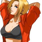  1girl arms_up blonde_hair blue_eyes blue_mary breasts bust cleavage cropped_jacket fatal_fury fatal_fury_special large_breasts lips lowres official_art short_hair snk solo sports_bra 