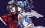  2girls black_eyes blue_eyes blue_hair blurry chinese_clothes depth_of_field dress earrings grey_hair grey_skin hair_rings hair_stick hat hug_(artist) jewelry kaku_seiga miyako_yoshika multiple_girls ofuda outstretched_arms shawl simple_background star touhou zombie_pose 