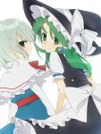  2girls alice_margatroid alice_margatroid_(cosplay) apron capelet green_eyes green_hair hat hat_ribbon kirisame_marisa kirisame_marisa_(cosplay) kochiya_sanae long_hair looking_at_viewer multiple_girls ribbon shirt short_sleeves smile soga_no_tojiko touhou tsuno_no_hito white_background 