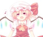  1girl ascot blonde_hair fang flandre_scarlet hat highres musical_note nagare_yoshimi open_mouth red_eyes ribbon short_hair side_ponytail solo touhou wings 