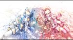  2girls blue_hair closed_eyes detached_sleeves earmuffs flower hair_flower hair_ornament hatsune_miku headset highres holding_hands iroha_(shiki) letterboxed long_hair multiple_girls nail_polish necktie petals pink_eyes pink_hair sakura_miku scarf skirt thigh-highs very_long_hair vocaloid yuki_miku 