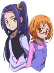  2girls brown_eyes glasses haiteku kurokawa_ellen long_hair looking_at_viewer multiple_girls orange_hair precure purple-framed_glasses purple_hair semi-rimless_glasses shirabe_ako short_hair side_ponytail simple_background siren_(suite_precure) smile suite_precure under-rim_glasses white_background yellow_eyes 