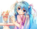  1girl ahoge blue_eyes blue_hair blush chair food hair_ribbon hatsune_miku ice_cream jewelry moe_on_drop open_mouth ribbon sitting solo sundae table twintails vocaloid 