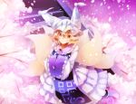  1girl :3 brown_eyes cherry_blossoms fox_tail hands_in_sleeves hat multiple_tails petals solo stairs surumeri_(baneiro) tail touhou yakumo_ran 