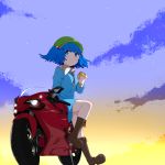  1girl blue_eyes blue_hair blush boots clouds collagen hair_bobbles hair_ornament hat highres kawashiro_nitori key looking_at_viewer motor_vehicle motorcycle short_hair sitting sky solo touhou twintails vehicle 
