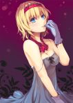  1girl alice_margatroid alternate_costume blonde_hair blue_eyes blush breasts cleavage culter glove_pull gloves hairband highres lips looking_at_viewer short_hair solo strap_slip touhou 