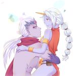  1boy 1girl armlet bare_shoulders bracelet breasts cape couple earrings facial_mark forehead_protector heart horn hug ichancat jewelry league_of_legends long_hair no_pupils pale_skin ponytail pouch purple_skin sideboob silver_hair smile soraka squiggle varus yellow_eyes 