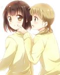  2girls :d :t black_hair blush brown_eyes cheek_poke light_brown_hair low_twintails maruki_(punchiki) multiple_girls open_mouth original poking profile short_hair simple_background smile sweater turning_head white_background 