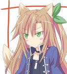  1girl :&lt; animal_ears annoyed blush bow brown_hair choujigen_game_neptune collarbone dog_ears green_eyes hair_bow hair_ornament if_(choujigen_game_neptune) kemonomimi_mode long_hair minagi no_nose simple_background solo sweatdrop tail very_long_hair 