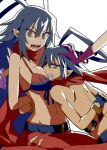  1boy 1girl antenna_hair belt blue_hair bracelet breasts chiry_(tiger) cleavage disgaea disgaea_d2 dual_persona genderswap hands jewelry laharl laharl-chan long_hair navel open_mouth pointy_ears scarf tied_up very_long_hair white_background yellow_eyes 