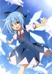  1girl blue_dress blue_eyes blue_hair blue_sky blush bow cirno clouds do_(4-rt) dress hair_bow highres ice ice_wings looking_at_viewer open_mouth outstretched_arms puffy_sleeves short_sleeves sky smile solo touhou wings 