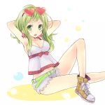  1girl arms_behind_head belt breasts cleavage converse glasses_on_head green_eyes green_hair gumi heart-shaped_glasses looking_at_viewer midriff mikippa short_hair short_shorts shorts sitting vocaloid 