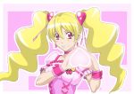  1girl blonde_hair character_request choker doing_it_wrong earrings hair_ornament heart heart_hands jewelry long_hair miyama_akira parted_lips pink_eyes precure smile solo twintails wristband 