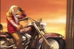 1girl blonde_hair blue_eyes blue_mary fatal_fury fur_trim jacket king_of_fighters mark_of_the_wolves motor_vehicle motorcycle official_art open_clothes open_jacket screencap short_hair snk solo sunglasses sunglasses_on_head sunset sweater vehicle 