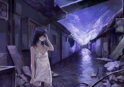  1girl blue_eyes blue_hair breasts crying dress hand_on_head house khj long_hair night original ruins solo standing water 