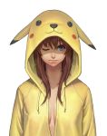  blue_eyes breasts brown_hair cleavage cosplay hoodie long_hair open_clothes original pikachu pikachu_(cosplay) pokemon wink yellow2x 