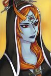  1girl blue_skin esuri eyeshadow forehead_jewel front_ponytail hair_ornament hood lipstick long_hair makeup midna orange_hair pointy_ears purple_lipstick red_eyes solo spoilers the_legend_of_zelda twilight_princess 