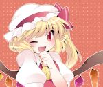  1girl ascot blonde_hair bow flandre_scarlet hammer_(sunset_beach) hat hat_bow open_mouth red_eyes short_hair side_ponytail smile solo touhou wings wink 