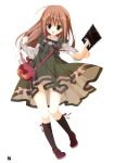  1girl absurdres bag black_legwear brown_hair card dress highres inugami_kira legs shoulder_bag simple_background socks violet_eyes 