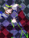  1boy blonde_hair cape checkered checkered_background dio_brando dororosso feathers hat jojo_no_kimyou_na_bouken red_eyes solo top_hat 