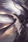  1girl black_hair closed_eyes feathered_wings hair_ornament large_wings multiple_wings original profile ray_(shenchunhui) realistic side signature solo wings 