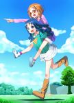  2girls :d blue_eyes blue_hair boots brown_eyes brown_hair glasses happy heartcatch_precure! humiu kurumi_erika long_hair multiple_girls open_mouth piggyback precure red-framed_glasses shirabe_ako shirt shoes short_hair skirt smile suite_precure 