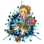  1girl alternate_costume bag blonde_hair blue_eyes boots casual hair_ornament hat moriya_suwako orange-pengin skirt solo touhou 