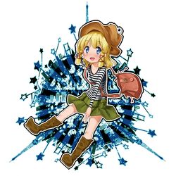  1girl alternate_costume bag blonde_hair blue_eyes boots casual hair_ornament hat moriya_suwako orange-pengin skirt solo touhou 