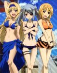  3girls :d absurdres arm_up bare_shoulders bikini bikini_skirt blonde_hair blue_bikini blue_eyes blush bracelet braid breasts cecilia_alcott charlotte_dunois cleavage covering covering_breasts eyepatch hairband highres infinite_stratos jewelry laura_bodewig lips long_hair mound_of_venus multiple_girls navel official_art open_mouth pendant red_eyes sarong scan side-tie_bikini silver_hair smile swimsuit thigh_gap thigh_strap twintails violet_eyes 