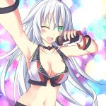  1girl :d alternate_costume bangle black_heart blush bracelet breasts choker choujigen_game_neptune cleavage fingerless_gloves gloves green_eyes jewelry long_hair looking_at_viewer microphone midriff minagi navel noire open_mouth smile solo symbol-shaped_pupils very_long_hair white_hair wink 