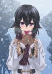  1girl black_hair blush coat gift gloves holding holding_gift maou mittens original scarf short_hair smile snow solo valentine violet_eyes winter_clothes 