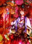  1girl animal_ears arrow brown_hair daruma_doll flower futatsuiwa_mamizou glasses hakama highres japanese_clothes jewelry kido5899 leaf leaf_on_head necklace obi pearl raccoon_ears ribbon short_hair smile snake tassel touhou traditional_media watercolor_(medium) yellow_eyes 