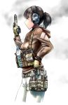  1girl black_hair bottle didloaded ear_protection gloves gun handgun load_bearing_vest magazine_(weapon) mecha_to_identify original pistol ponytail red_eyes solo trigger_discipline water_bottle weapon 