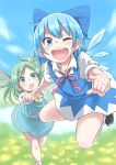  2girls absurdres blue_dress blue_eyes blue_hair blue_sky bow cirno daiyousei dress fairy_wings green_eyes green_hair hair_bow hair_ribbon highres ice ice_wings kagachan long_hair looking_at_viewer multiple_girls open_mouth puffy_sleeves pulling ribbon shirt short_hair short_sleeves side_ponytail sky smile touhou wings wink wrist_grab 