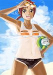  1girl beach bikini flat_chest hino_akane o-l-district open_mouth ponytail precure red_eyes redhead short_hair smile smile_precure! solo sunglasses swimsuit tan tanline volley_ball 