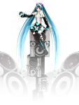  1girl 3d absurdres aqua_hair boots detached_sleeves hatsune_miku headset highres long_hair maeda_koutarou necktie red_eyes sitting skirt solo speaker thigh-highs thigh_boots torn_thighhighs twintails very_long_hair vocaloid zettai_ryouiki 