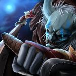  blue_eyes bracelet character_request eep167389 foreshortening glowing glowing_eye grip highres jewelry league_of_legends mask moon signature silver_hair sword vambraces weapon 
