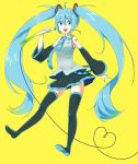  1girl ahoge ai_kusunoki blue_eyes blue_hair boots detached_sleeves hatsune_miku highres long_hair microphone nail_polish necktie open_mouth simple_background skirt solo spring_onion thigh-highs thigh_boots twintails very_long_hair vocaloid yellow_background 