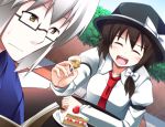  1boy 1girl aoinu book bow brown_hair cake food glasses hat morichika_rinnosuke necktie open_mouth short_hair smile sweatdrop touhou usami_renko white_hair 