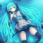  1girl aqua_eyes aqua_hair belt chain detached_sleeves hatsune_miku headphones long_hair lying necktie on_back partially_submerged shorts solo thigh-highs twintails very_long_hair vocaloid window1228 