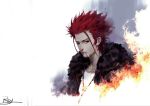  1boy cigarette fur_trim k_(anime) ray_(shenchunhui) red_eyes redhead short_hair signature solo suou_mikoto_(k) 