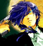  1boy arisato_minato blue_eyes blue_hair bow evoker full_moon gun gun_to_head hair_over_one_eye moon persona persona_3 ribbon weapon 