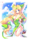  1girl ahoge bare_legs bare_shoulders blonde_hair blue_eyes blush boots bow breasts bridal_gauntlets brown_gloves cleavage erect_nipples gloves hair_bow large_breasts long_hair looking_at_viewer mouth_hold no_panties petals revision ribbon riesz seiken_densetsu seiken_densetsu_3 shima_chiyo solo 