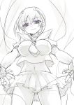  1girl breasts from_below genderswap hair_ornament impossible_clothes impossible_shirt inazuma_eleven_(series) inazuma_eleven_go large_breasts looking_at_viewer midriff monochrome navel pleated_skirt school_uniform serafuku shuu_(inazuma_eleven) sketch skirt solo spot_color tobi_(one) violet_eyes white_background 