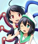  2girls ahoge asymmetrical_wings black_hair cheek_poke green_eyes hat houjuu_nue multiple_girls murasa_minamitsu orange-pengin poking red_eyes sailor sailor_collar sailor_hat short_hair touhou wings 