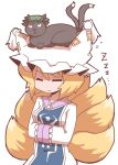  1girl animal_on_head blonde_hair cat cat_on_head cat_tail chen chen_(cat) closed_eyes dress fox_tail hands_in_sleeves hat hat_with_ears houroku long_sleeves looking_at_viewer multiple_tails nekomata sleeping tabard tail touhou white_dress yakumo_ran z 